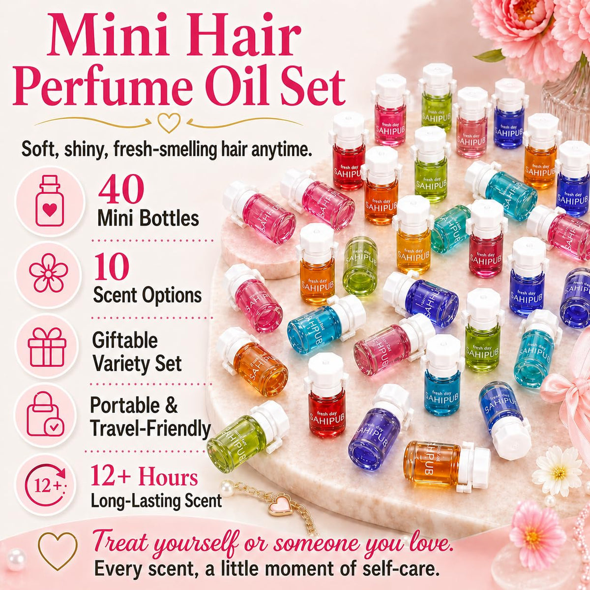 Hair Perfume Oil Gift Set, 40 Mini Bottles with 10 Scents