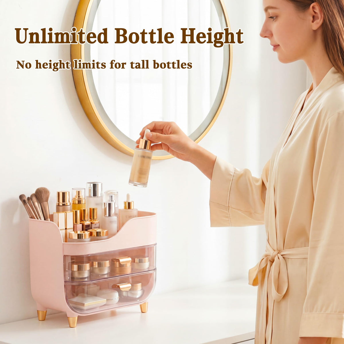 Pink Makeup Organizer with Large Smooth-Glide Drawers