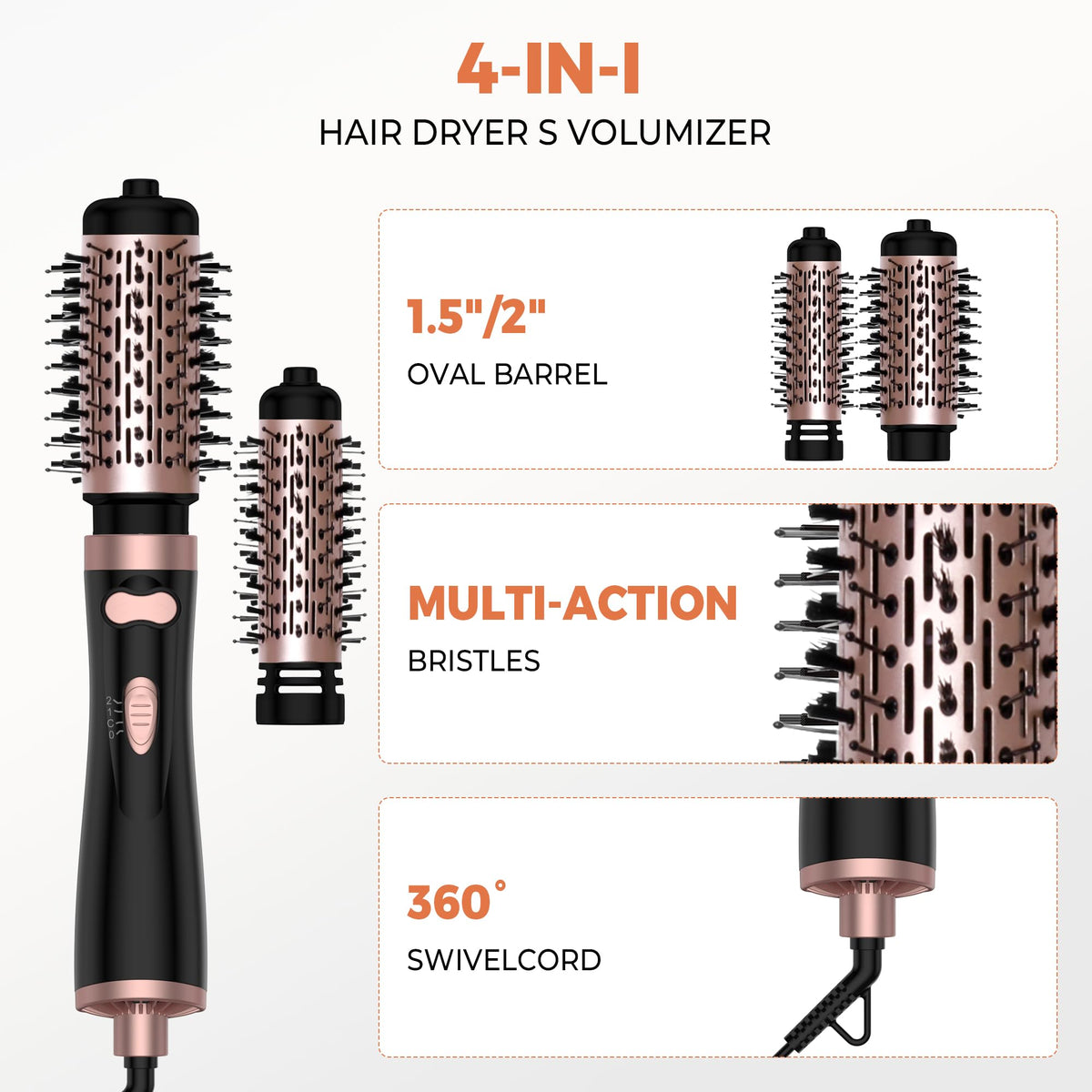 3-in-1 Rotating Hair Dryer Brush with 2 Detachable Brushes