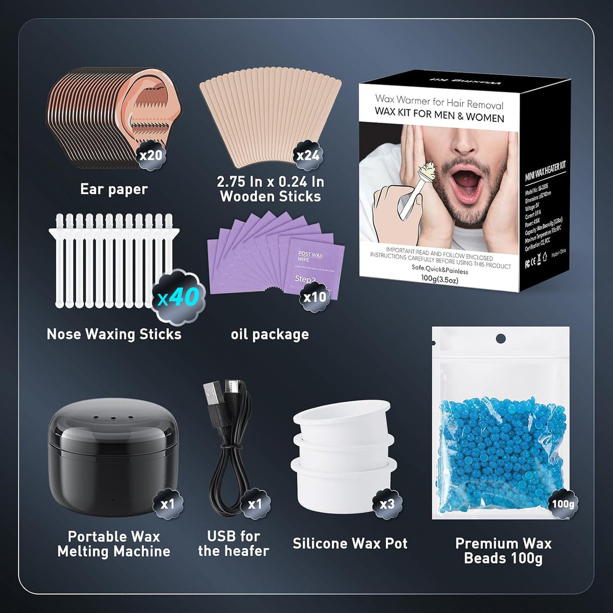 Azang Hard Wax Hair Removal Kit with Portable Heater for Nose, Ears and Small Areas