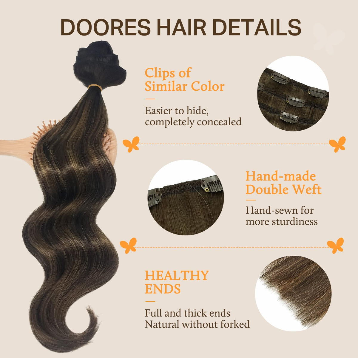 DOORES Human Hair Clip-In Extensions with Secure U-Shaped Clips
