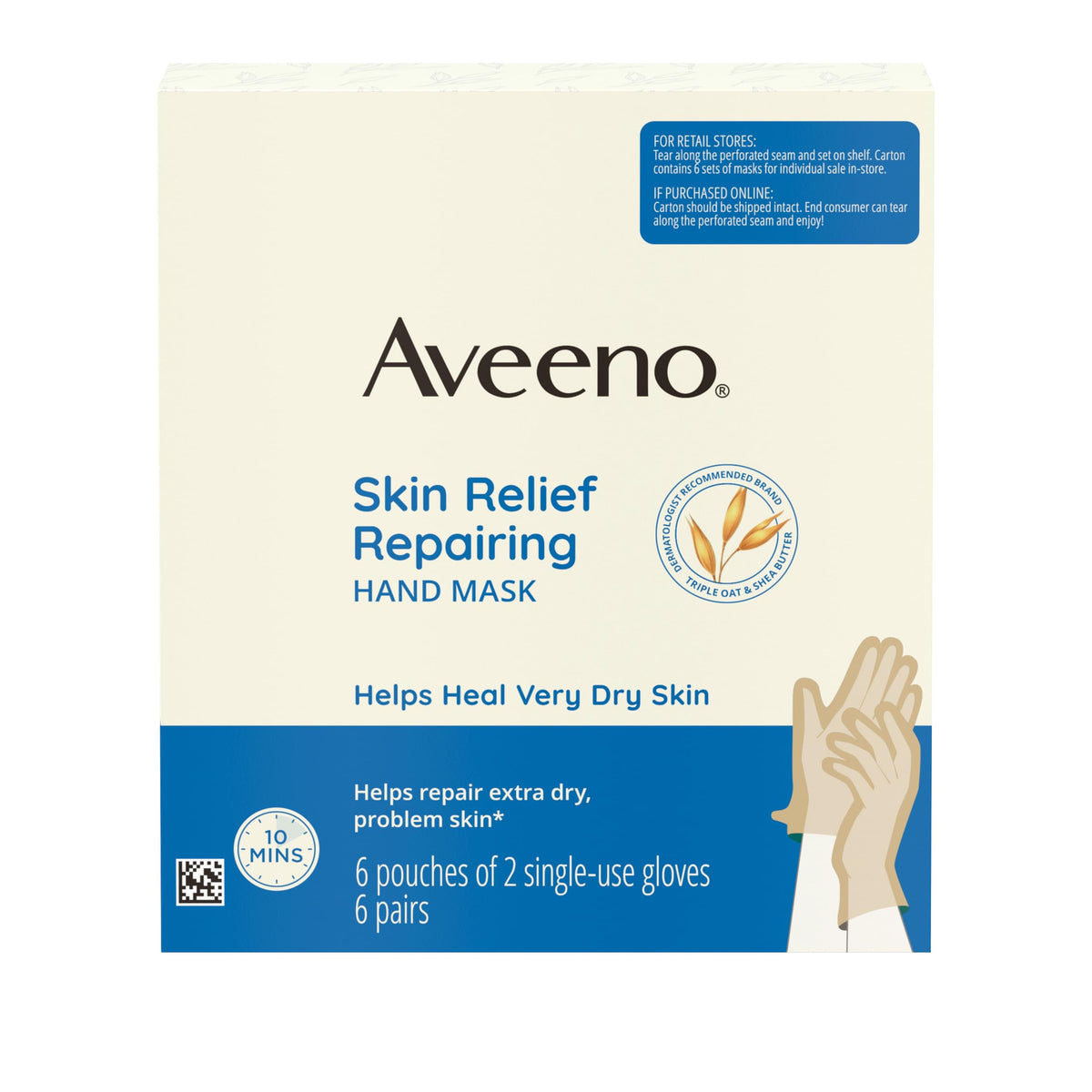 Aveeno Skin Relief Repairing Hand Mask, Fragrance Free, 6 Pairs