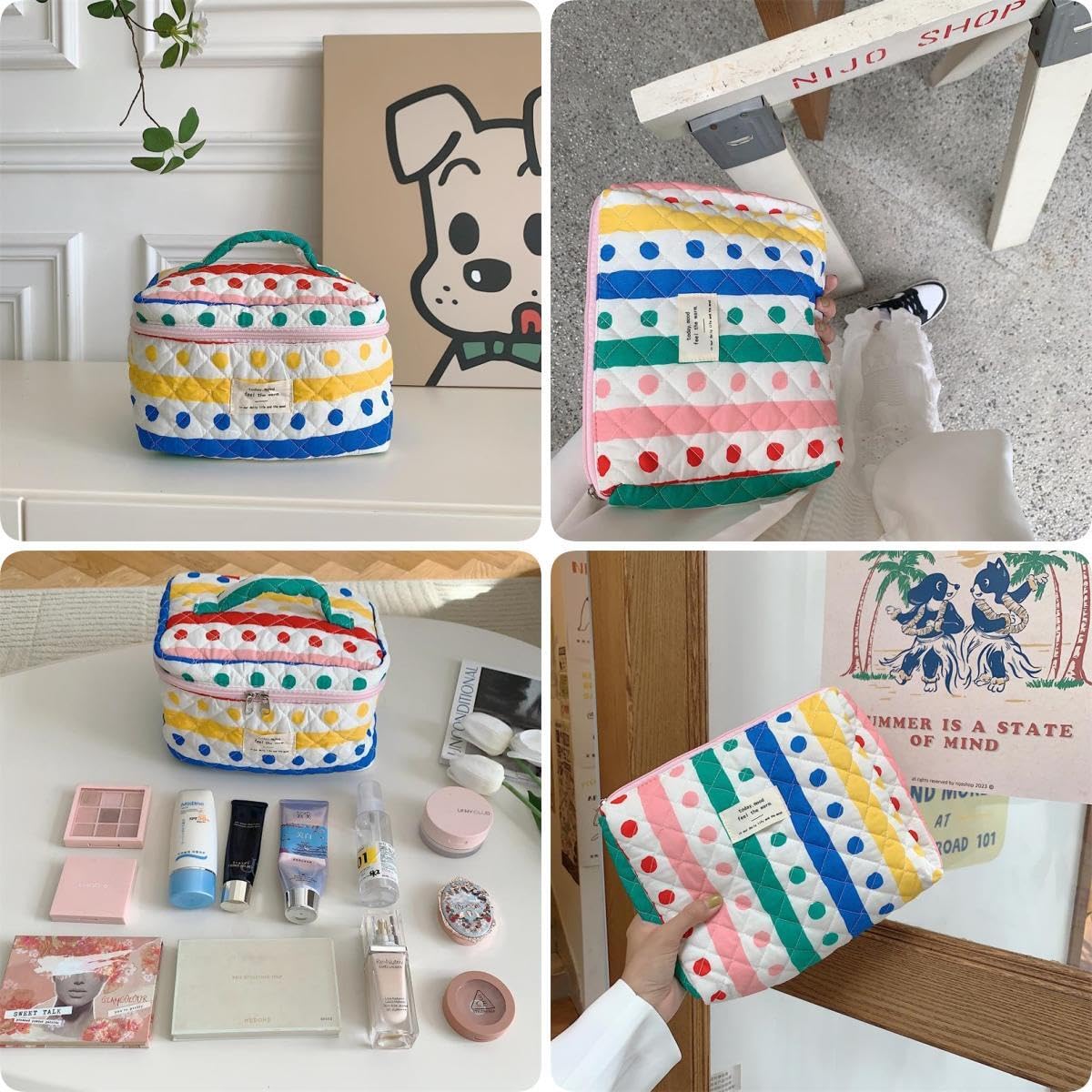 Fcteap 2-Piece Quilted Cotton Cosmetic and Toiletry Bag Set