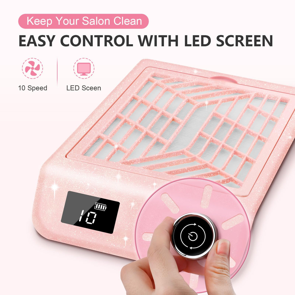 Kredioo Glitter Pink Rechargeable Nail Dust Collector with 10 Speeds