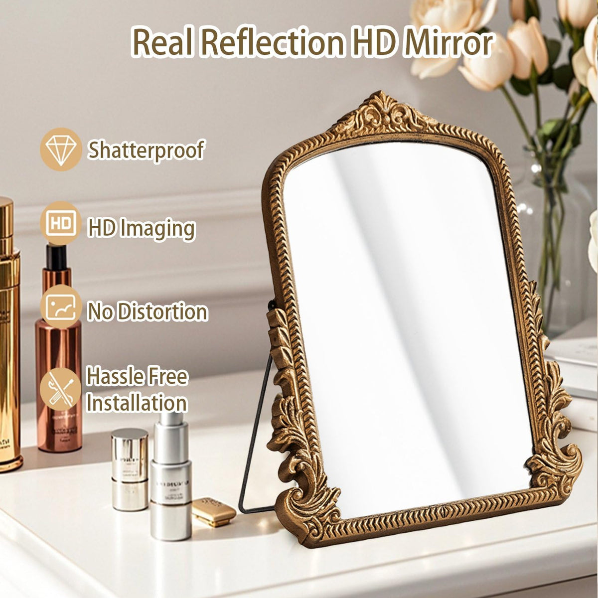Vintage Arched Tabletop Vanity Mirror with Foldable Easel