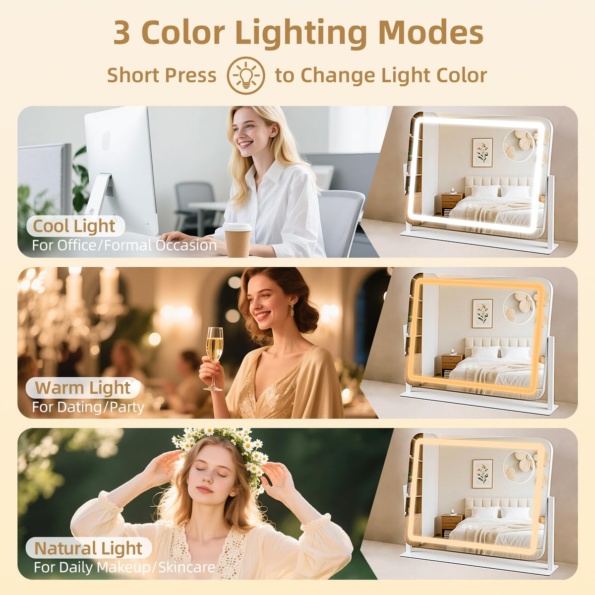 GioeDa Lighted Vanity Mirror with 10X Magnification, 3-Color Dimmable Lights