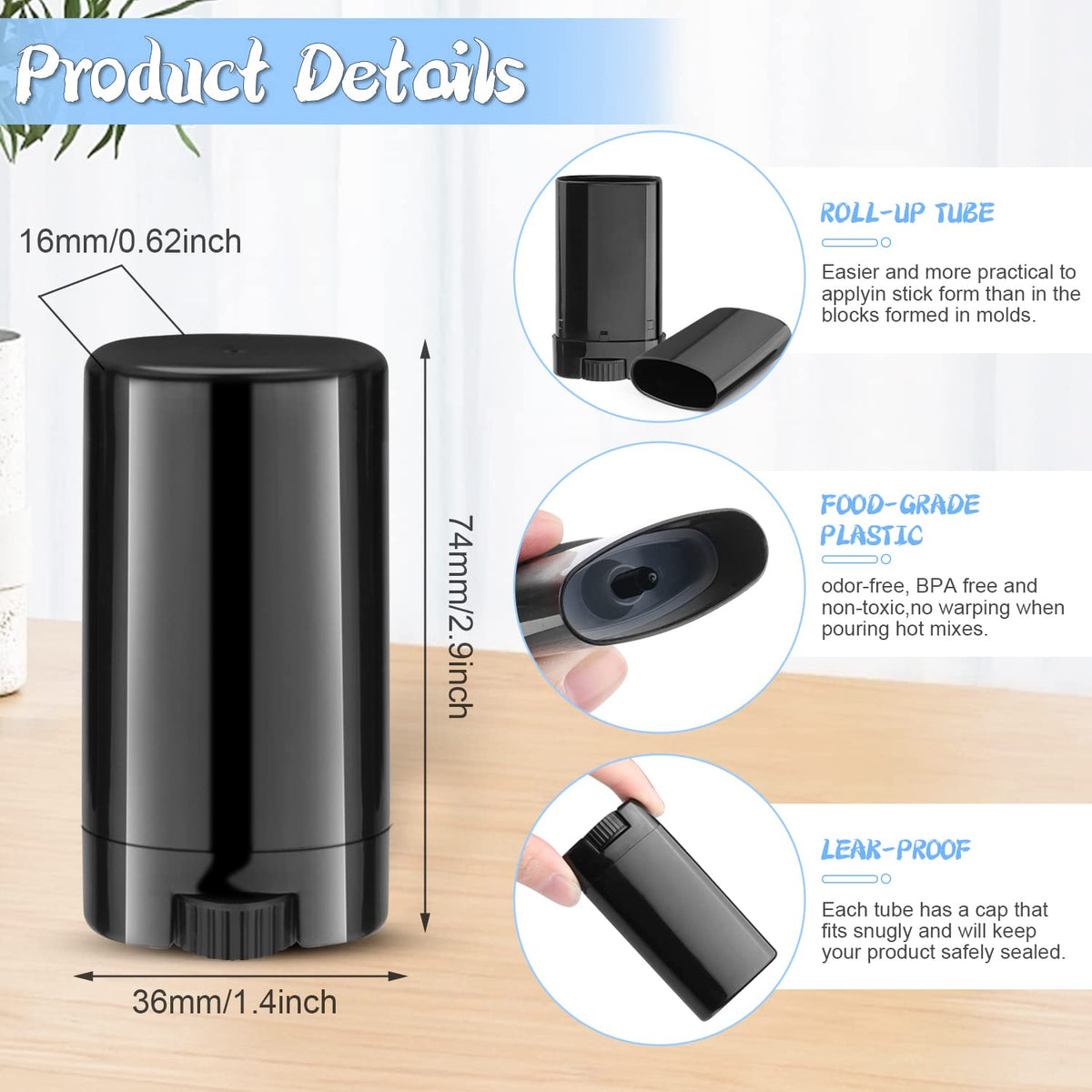 50 Pack 0.5 oz Black Oval Twist-Up Deodorant Containers