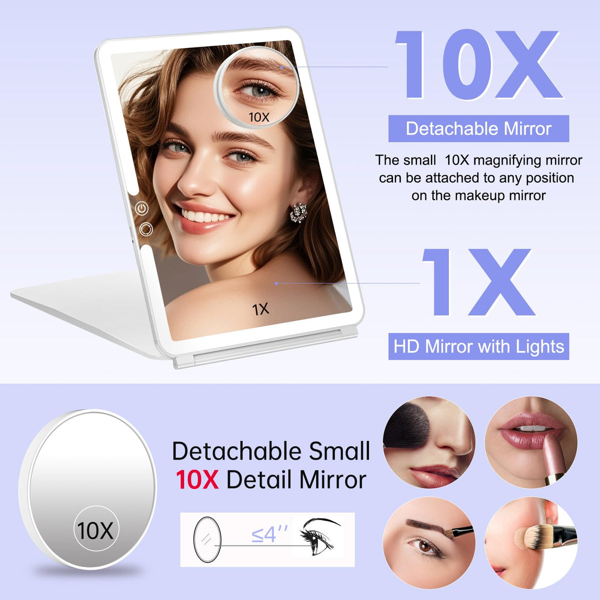 FUNTOUCH Rechargeable Lighted Travel Makeup Mirror with 10X Magnifier
