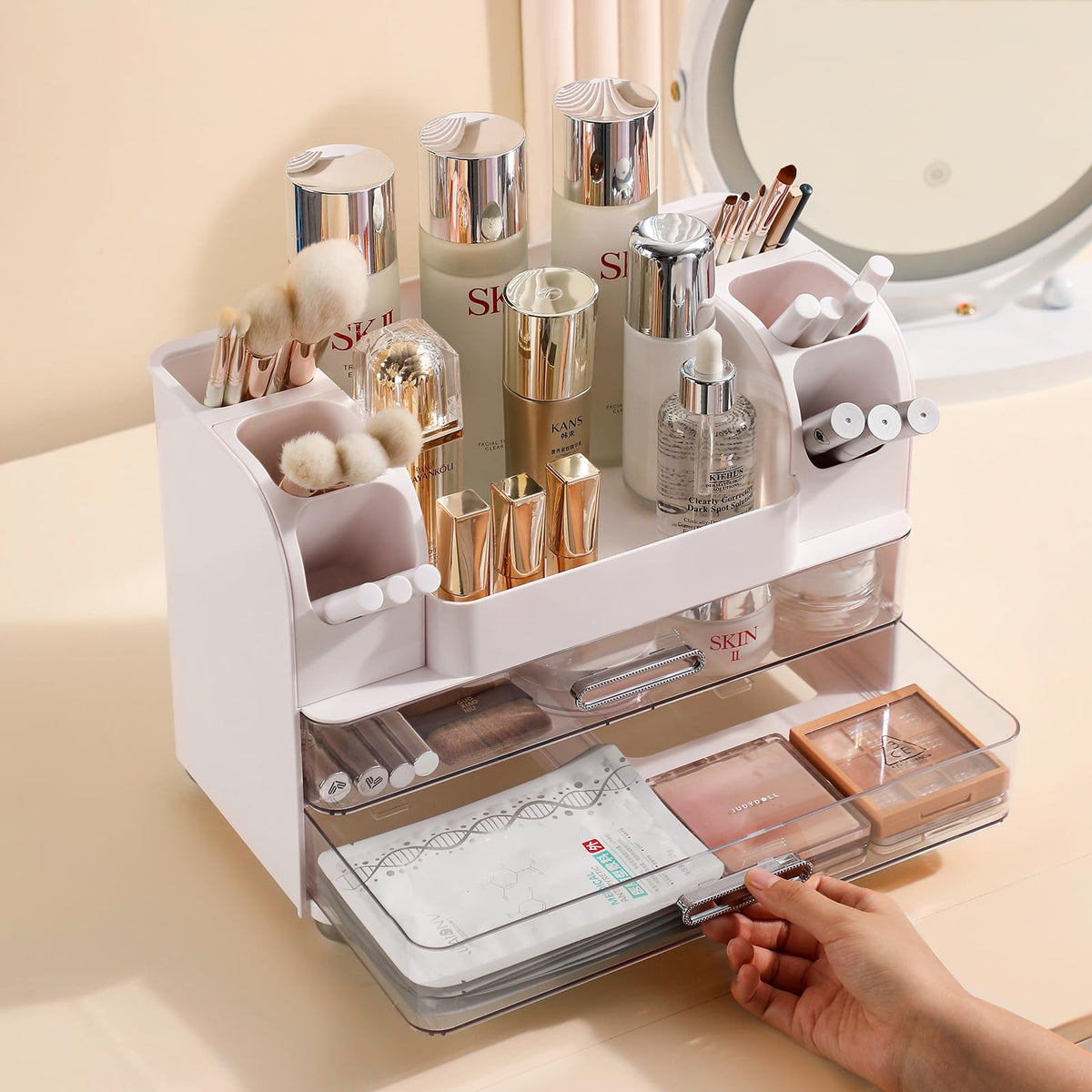 Anyoifax Makeup Organizer Countertop with Drawers and Brush Slots