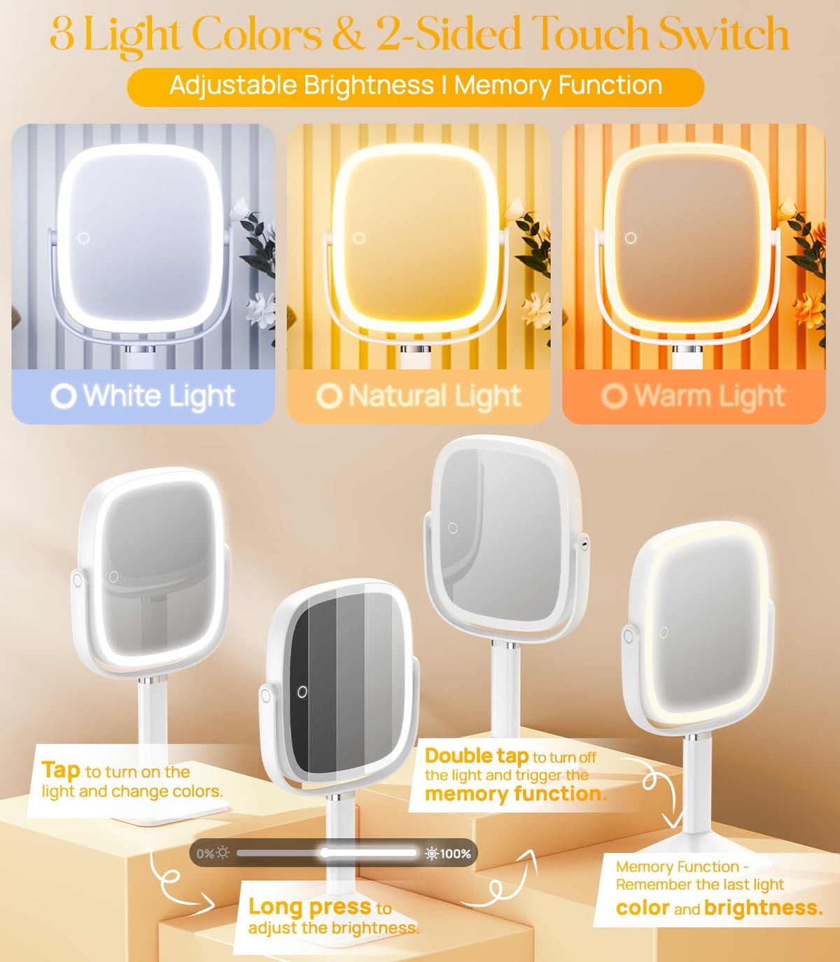 Gospire Rectangle Lighted Makeup Mirror with 1X/7X Magnification, Adjustable Height, White