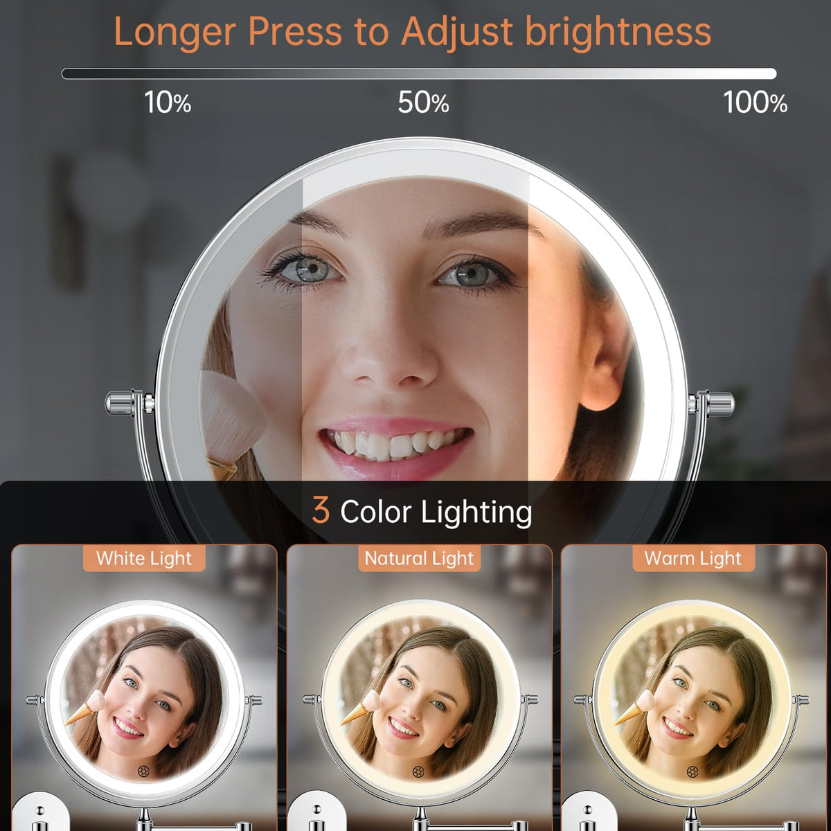 FUNTOUCH Rechargeable Wall-Mounted Lighted Makeup Mirror, 1X/30X Magnification