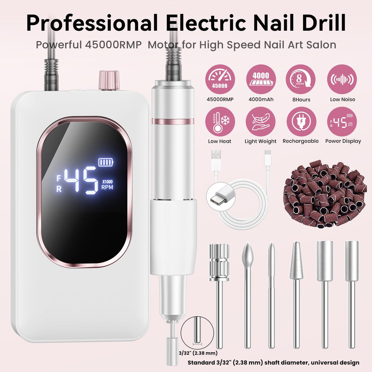Hoxida Professional Electric Nail Drill 45000RPM Rechargeable Nail File Kit