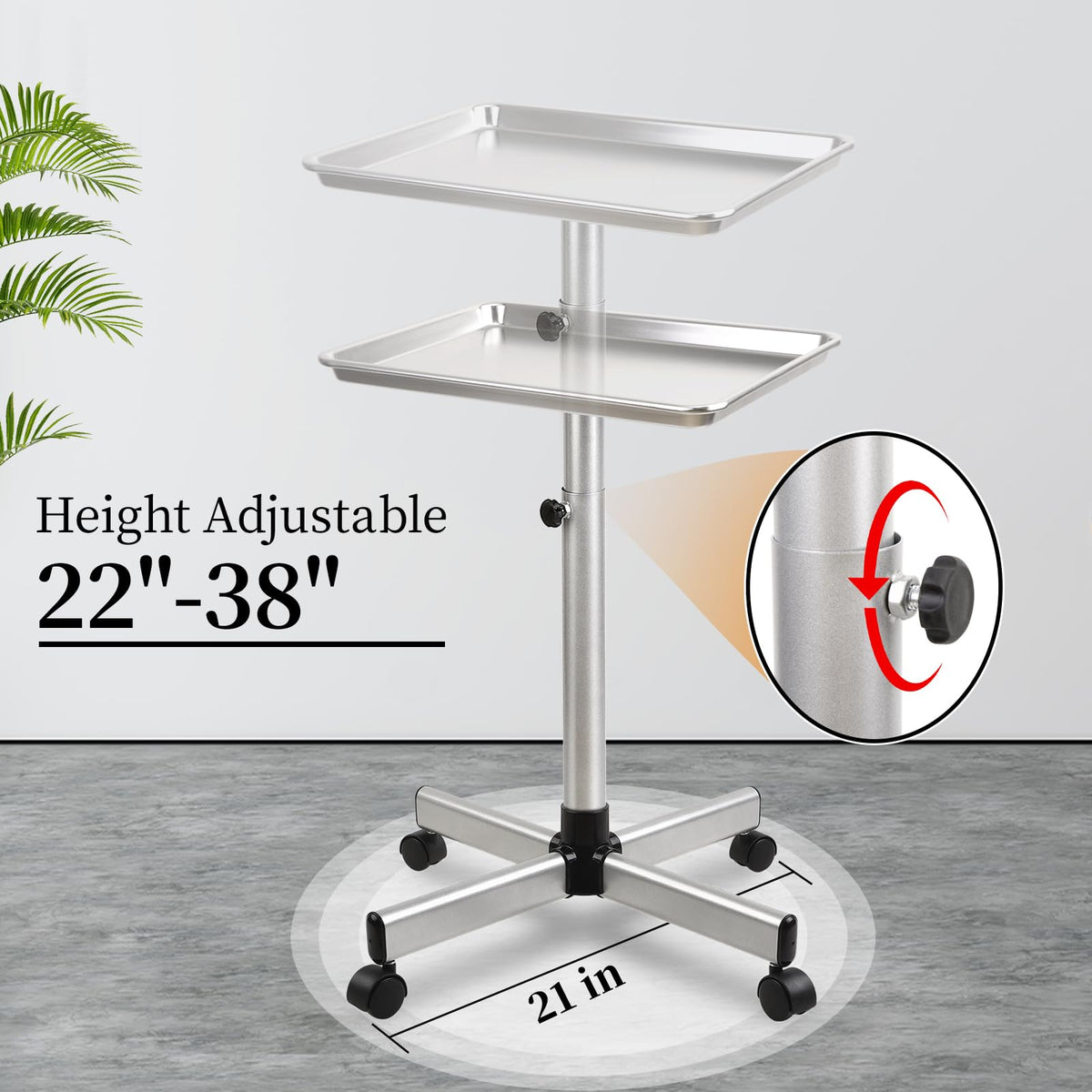 Metal Rolling Salon Tray Cart, Adjustable Service Tray with Wheels