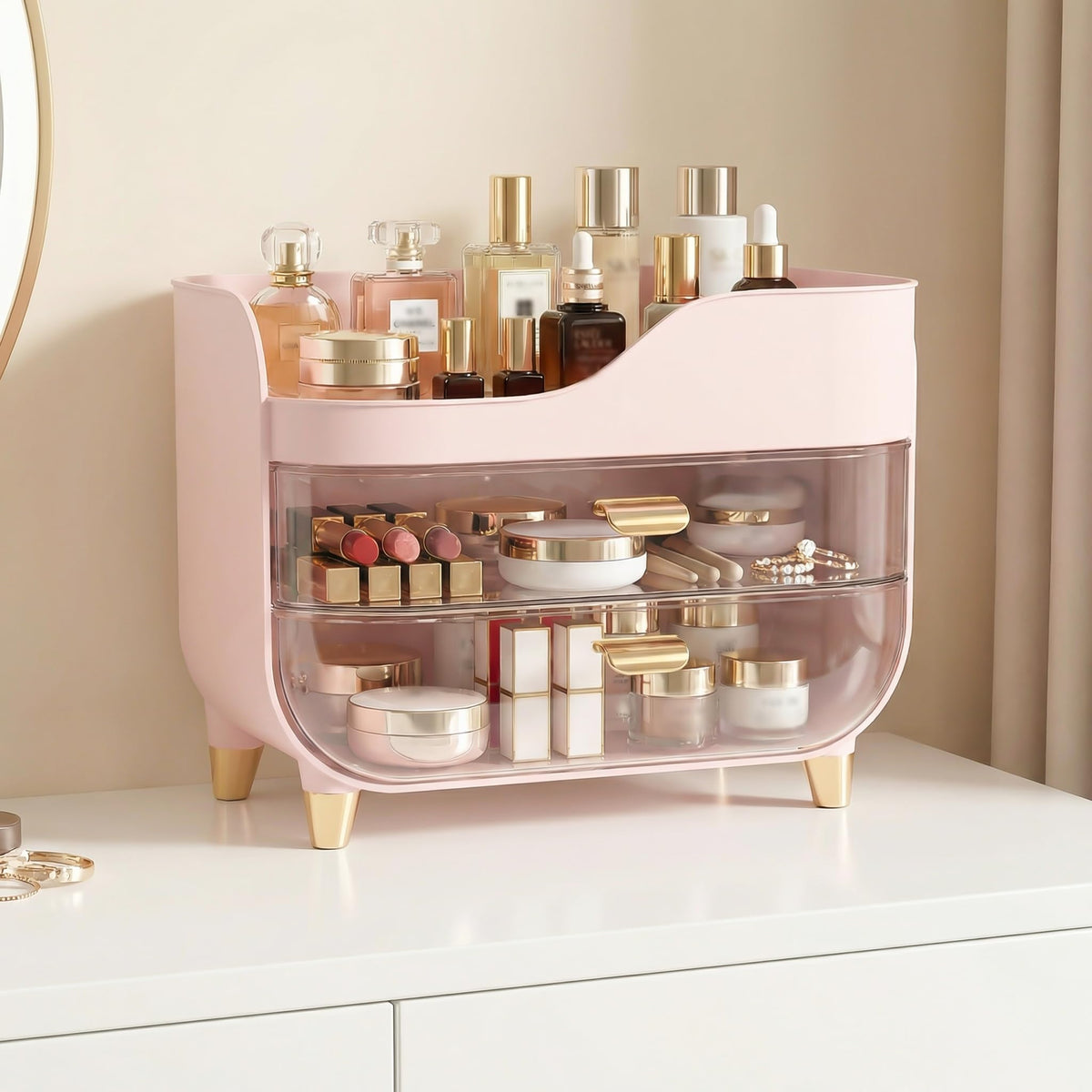 Pink Makeup Organizer with Large Smooth-Glide Drawers