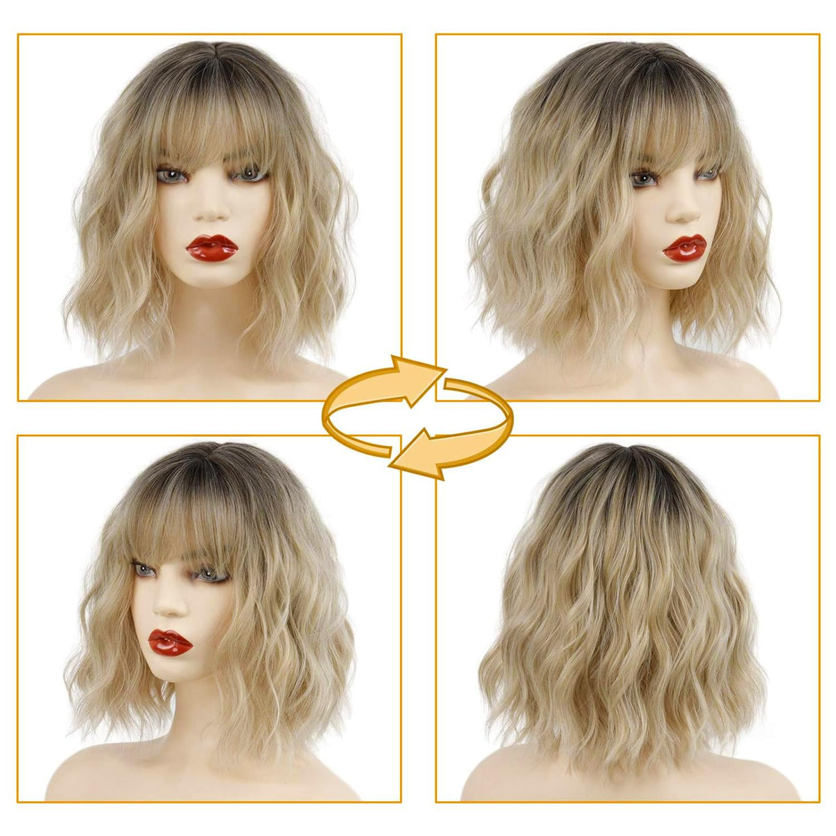 MISSQUEEN Short Wavy Bob Wig with Bangs, Synthetic Heat-Resistant Hair