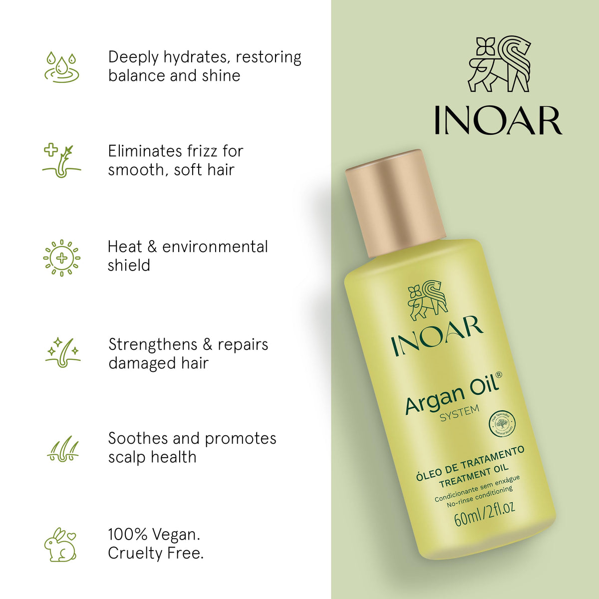 Inoar Argan Oil Hydrating Treatment Oil with Thermal Protection, 2 Fl Oz