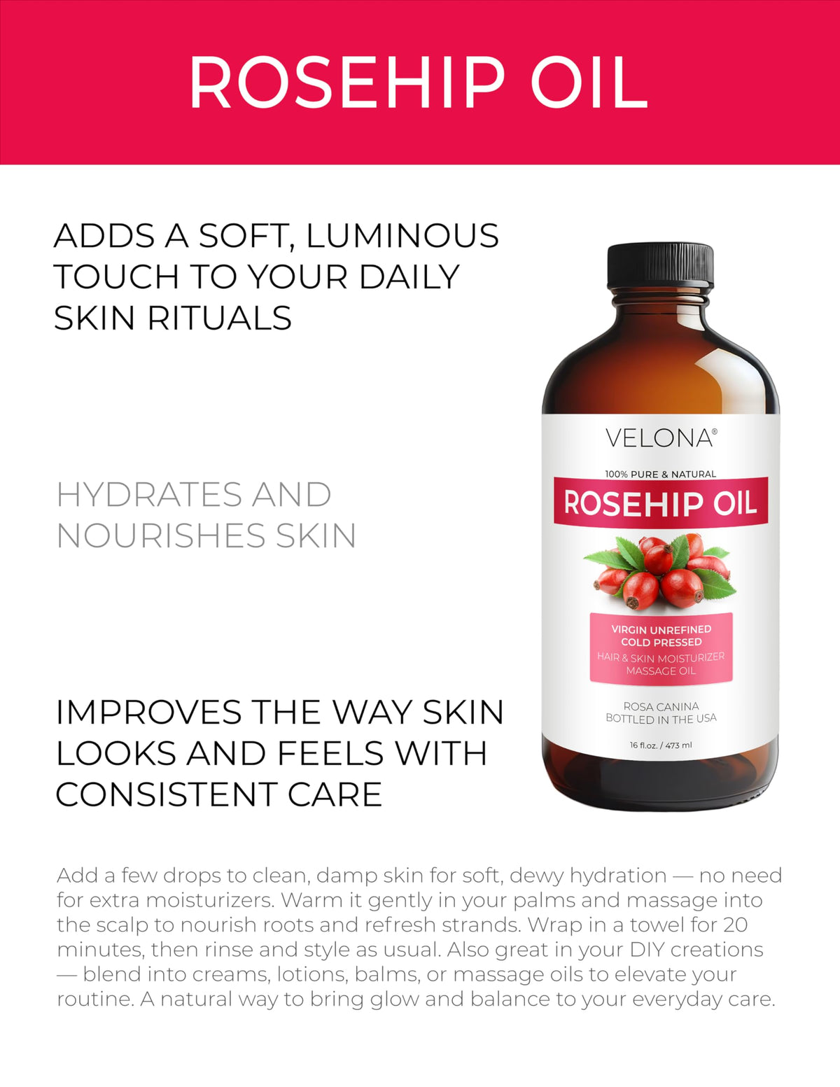 velona Rosehip Oil, Cold Pressed Pure Natural Oil with Pump
