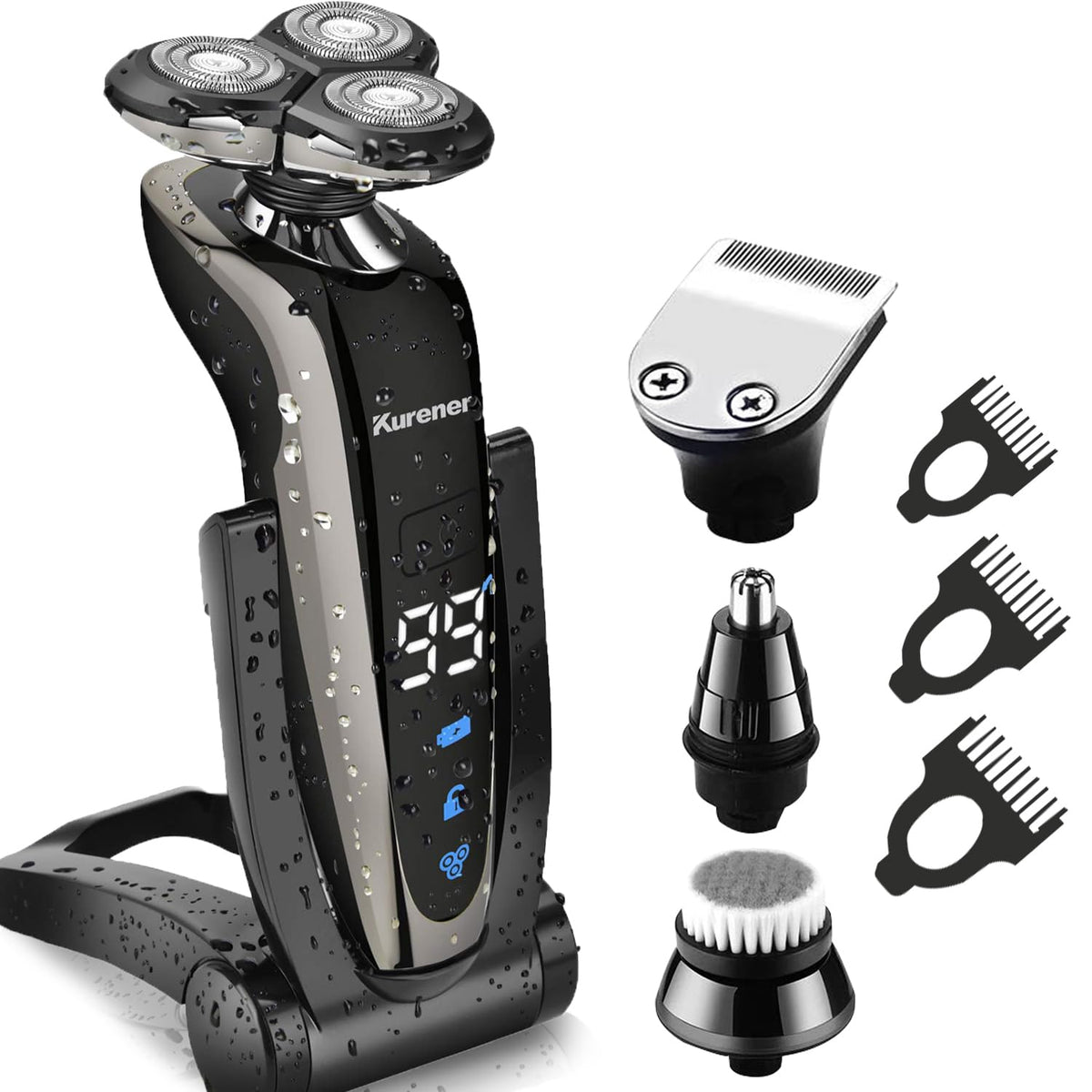 Kurener Rechargeable Waterproof Electric Shaver with 4-in-1 Trimmers