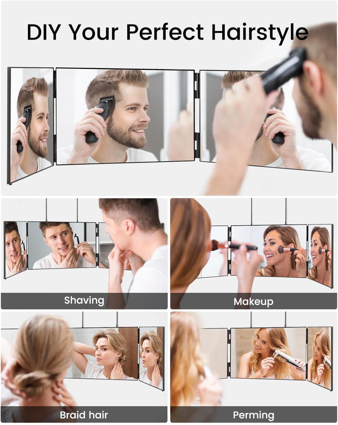 Vanmirr Black 3-Way 360° Mirror for Self Hair Cutting