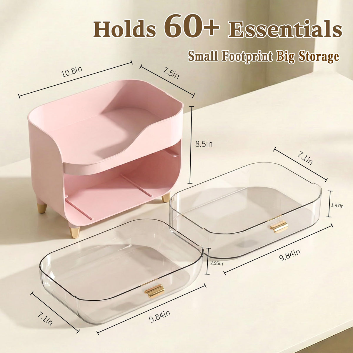 Pink Makeup Organizer with Large Smooth-Glide Drawers