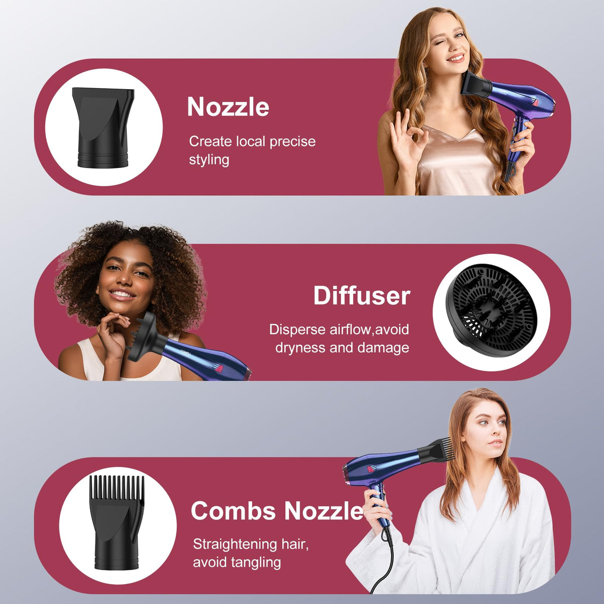 CONFU Professional Ionic Hair Dryer with Diffuser and Styling Attachments