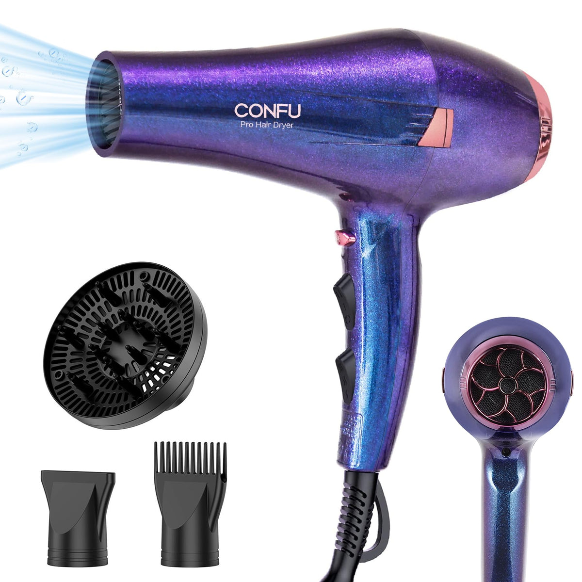 CONFU Professional Ionic Hair Dryer with Diffuser and Styling Attachments