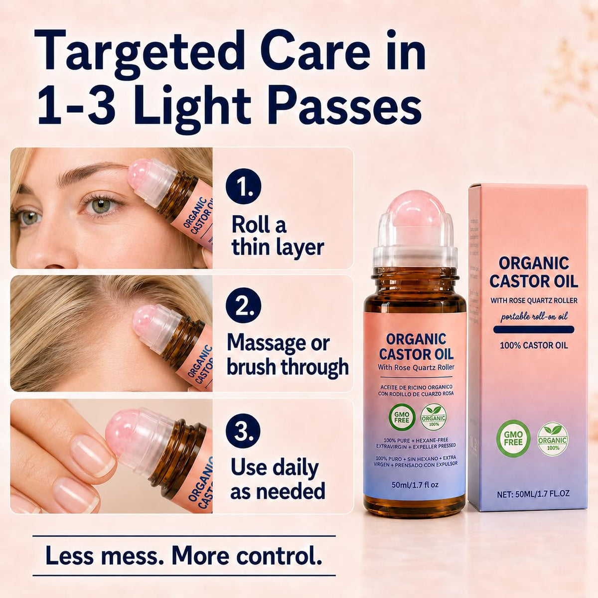 100% Pure Organic Castor Oil Roll-On with Rose Quartz Applicator, 50 mL