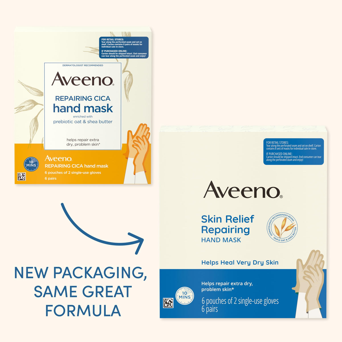 Aveeno Skin Relief Repairing Hand Mask, Fragrance Free, 6 Pairs