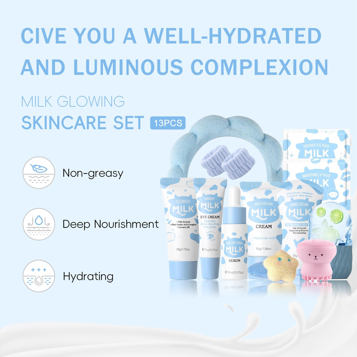 13PCS Milk Skincare Set for Kids & Teens, Gentle Face Care Kit