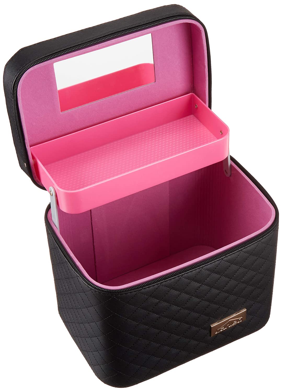 Sooyee Makeup Bag with Mirror, Fold-Out Tray and Cosmetic Organizer