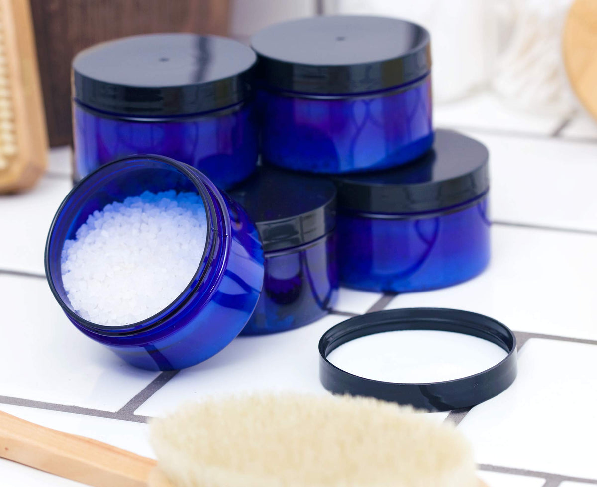 12 Pack 4 oz Cobalt Blue PET Plastic Low Profile Jars with Black Lids