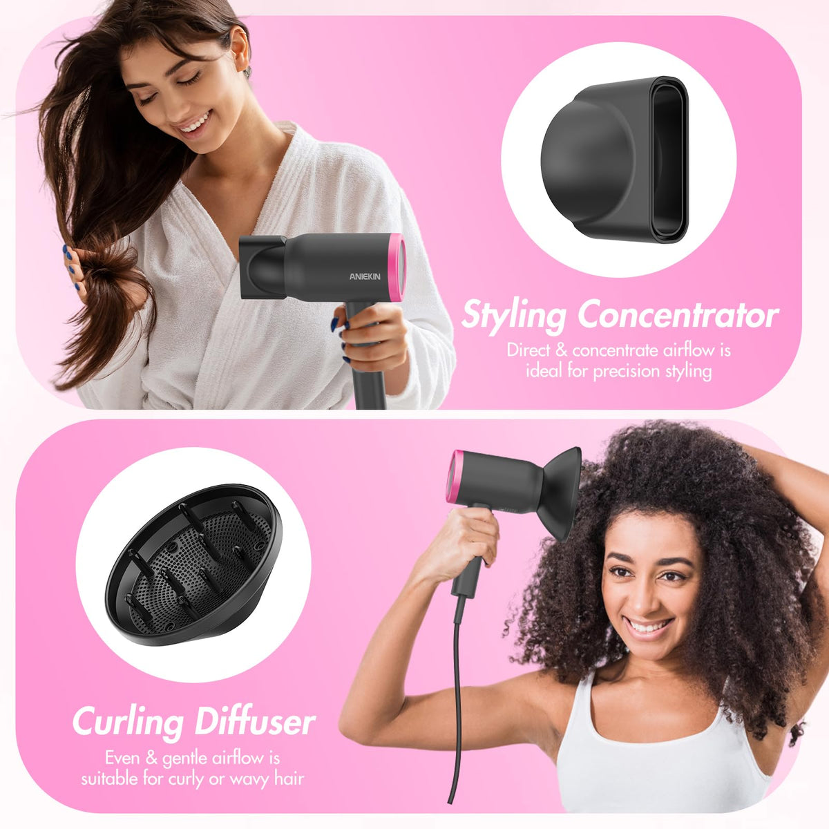 ANIEKIN 1875W Ionic Hair Dryer with Diffuser and Concentrator