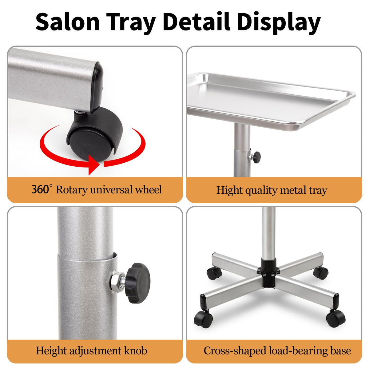 Metal Rolling Salon Tray Cart, Adjustable Service Tray with Wheels