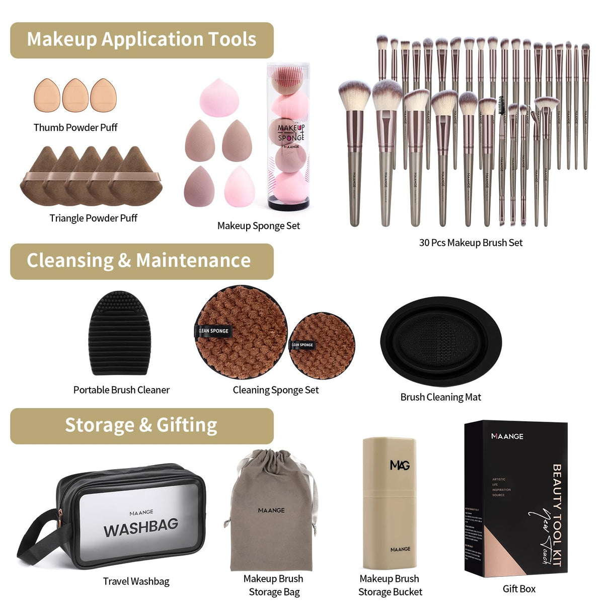 MAANGE 51-Piece Makeup Brush Set with Sponges and Puffs