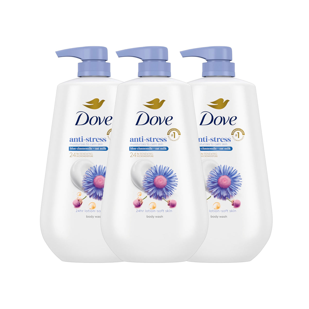 Dove Anti-Stress Body Wash 3 Count, Blue Chamomile & Oat Milk