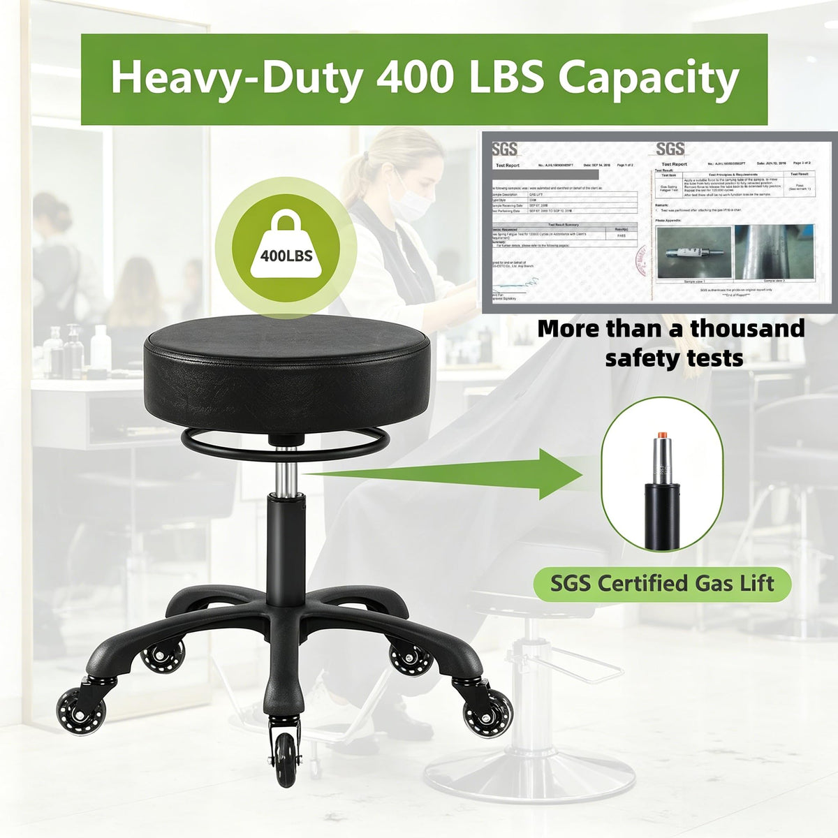 Heavy Duty Rolling Stool with Wheels, Hydraulic Swivel Salon Chair