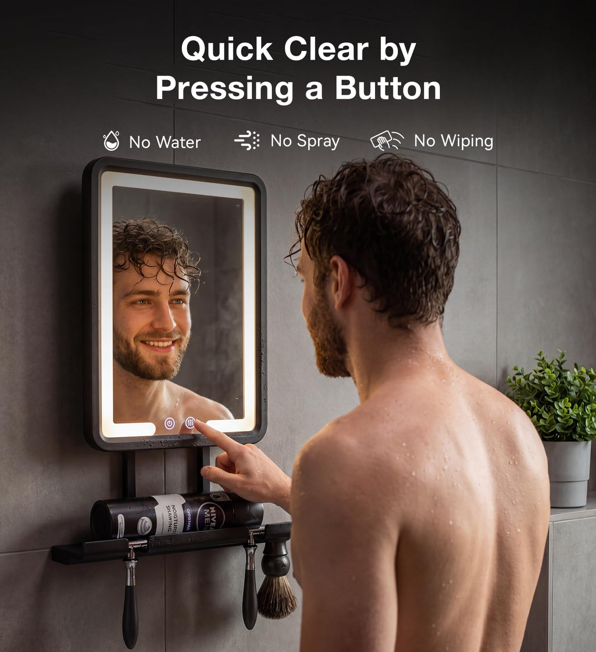 Black Rechargeable Heated Fogless Shower Mirror with LED Light