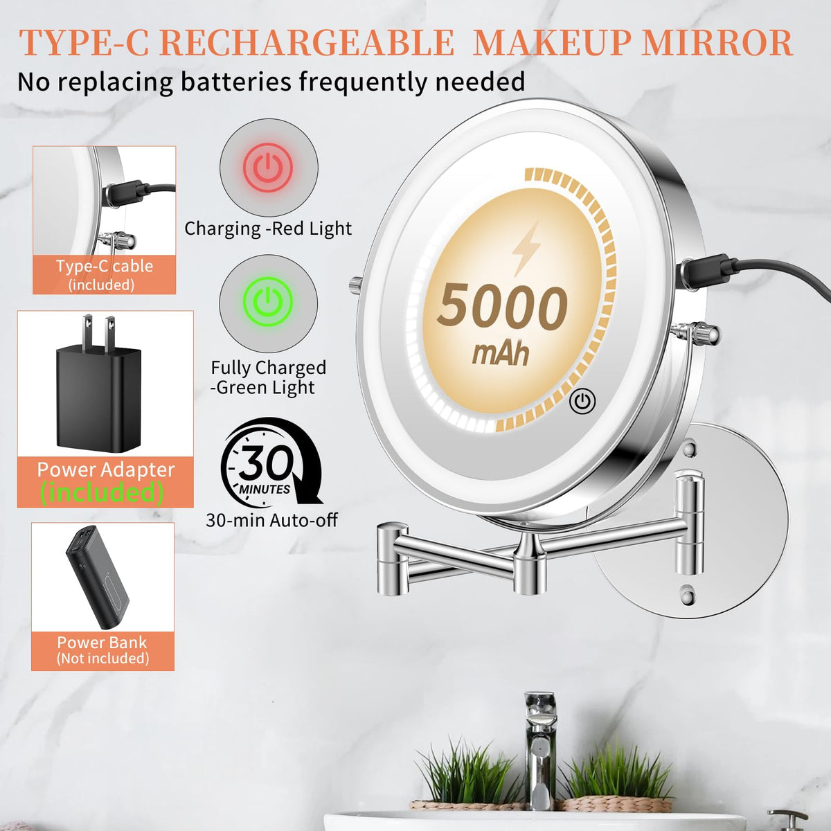 FUNTOUCH 9" Wall-Mounted Lighted Makeup Mirror with Adapter