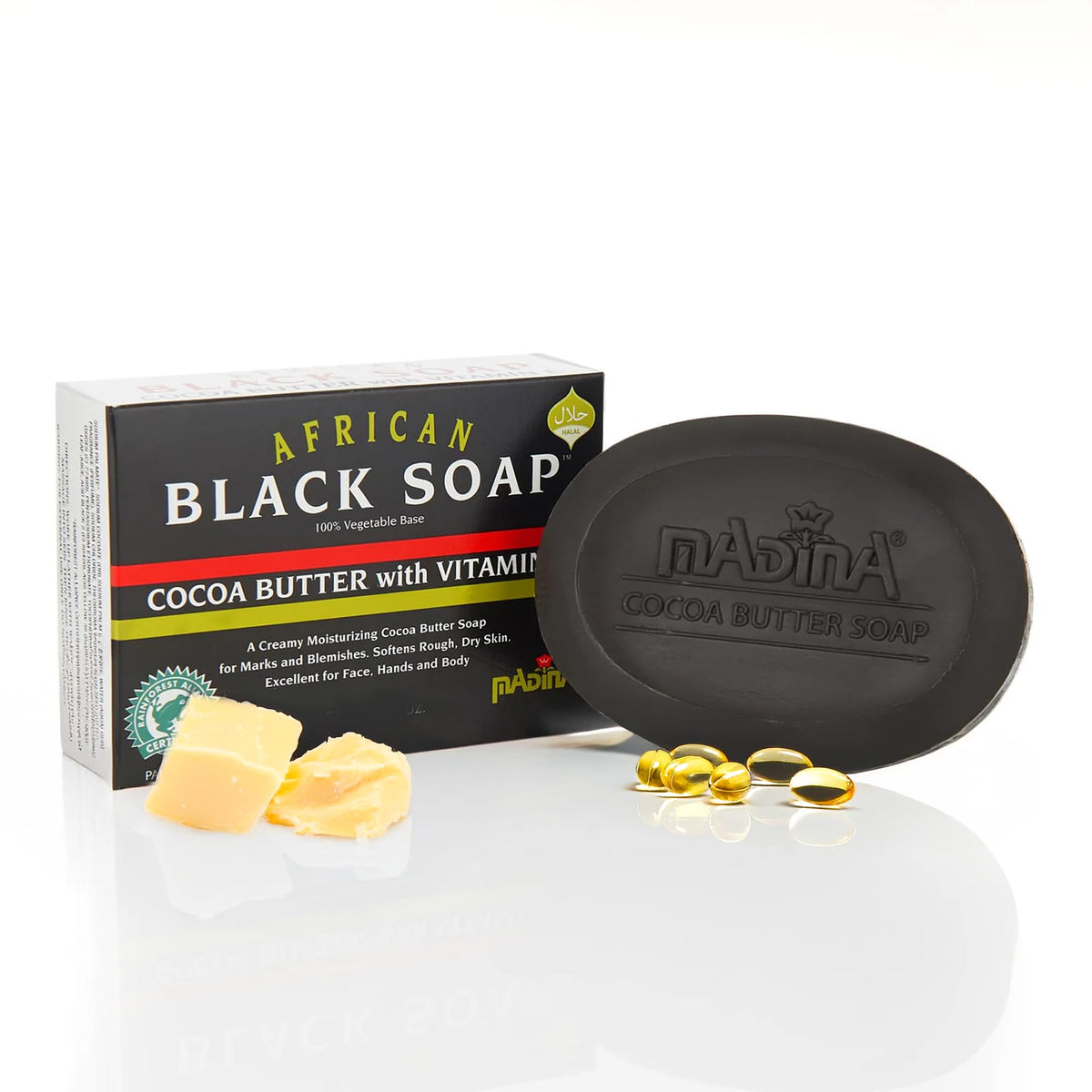Madina African Black Soap Bar with Cocoa Butter and Vitamin E
