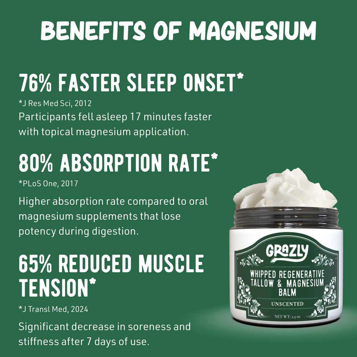 Grazly Whipped Beef Tallow Balm with Dead Sea Magnesium, 2.5 oz