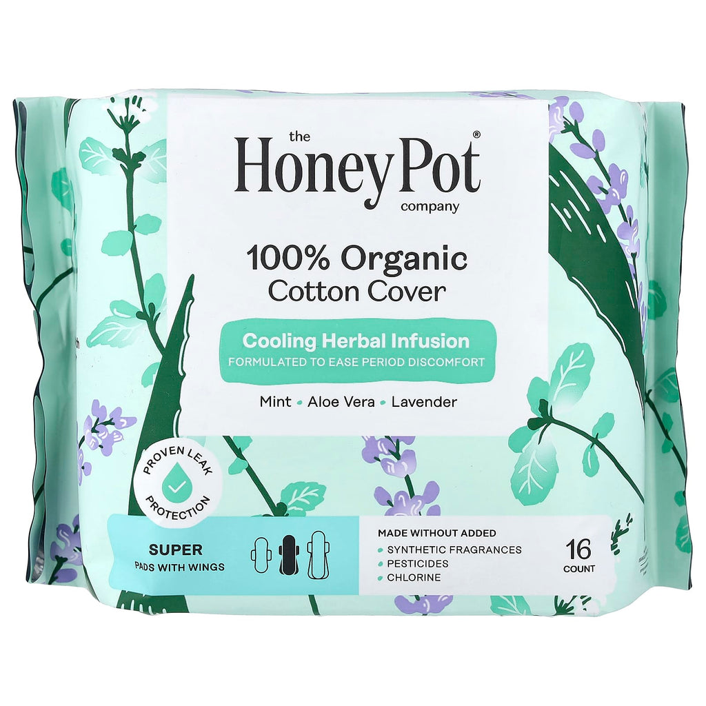The Honey Pot Company, Organic Cooling Herbal Infusion, Pads with Wings, Super, 16 Count