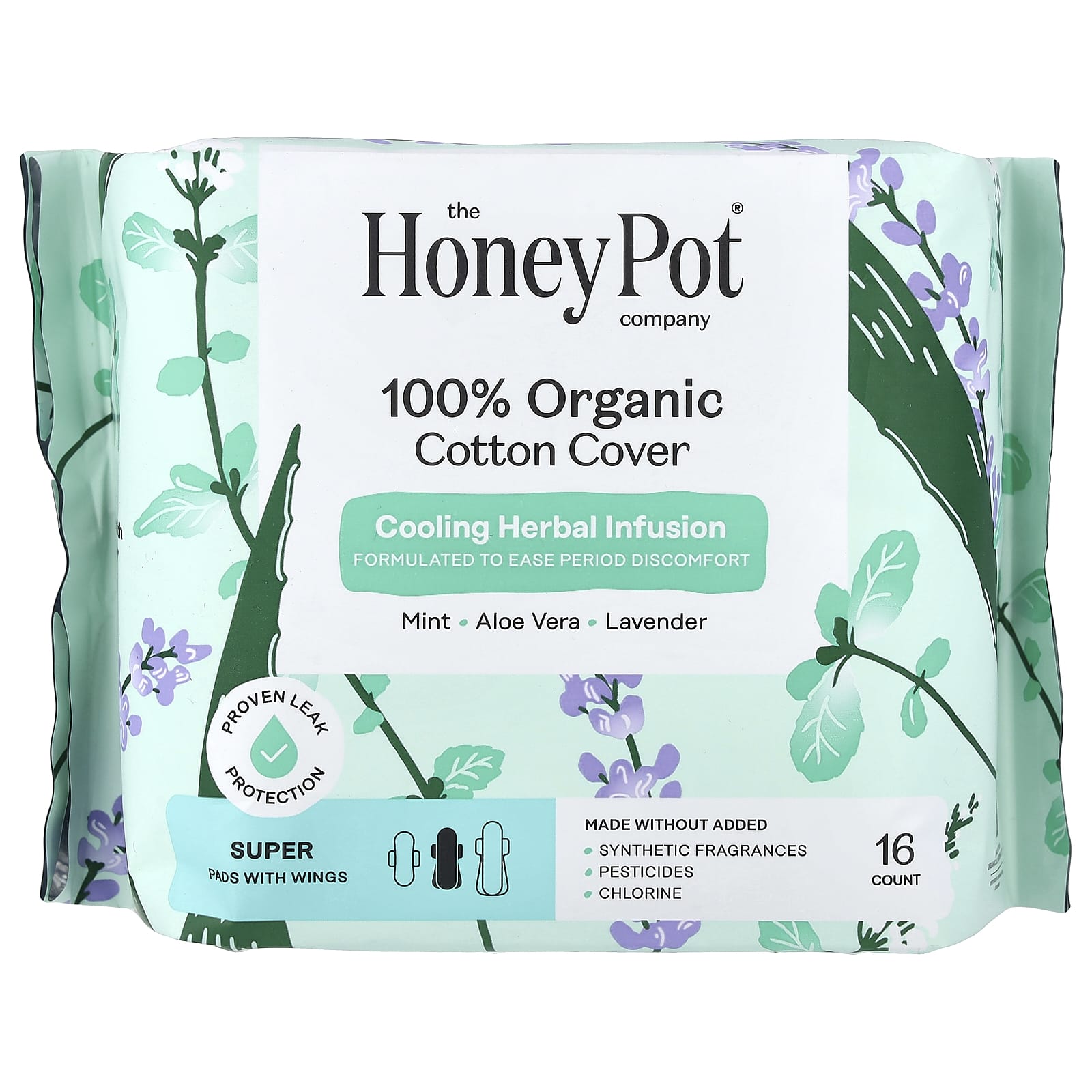 The Honey Pot Company, Organic Cooling Herbal Infusion, Pads with Wings, Super, 16 Count