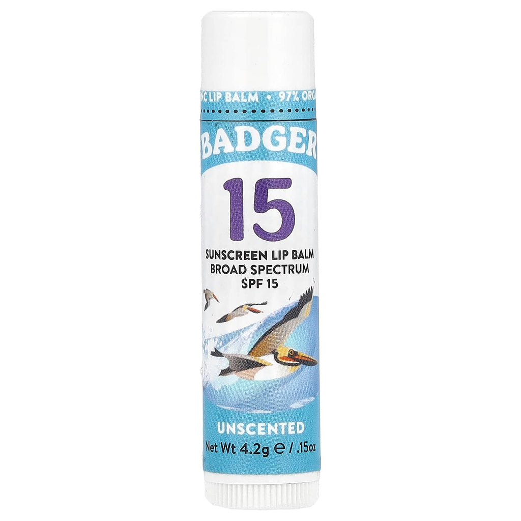Badger, Sunscreen Lip Balm, SPF 15, Unscented, 0.15 oz (4.2 g)