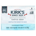 Kirk's, 100% Premium Coconut Oil Castile Bar Soap, Fragrance Free, 3 Bars, 4 oz (113 g) Each