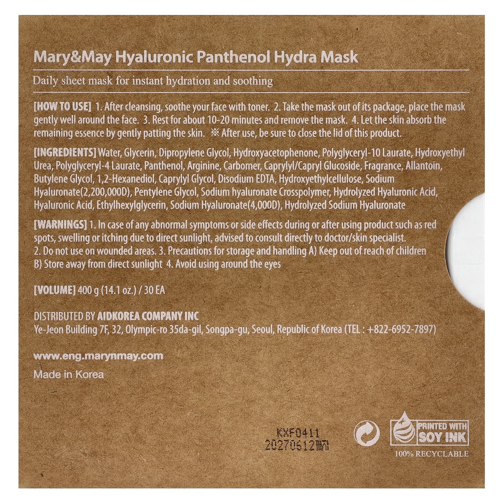 Mary & May, Hyaluronic Panthenol, Hydra Beauty Mask, 30 Sheets, 14.1 oz (400 g)
