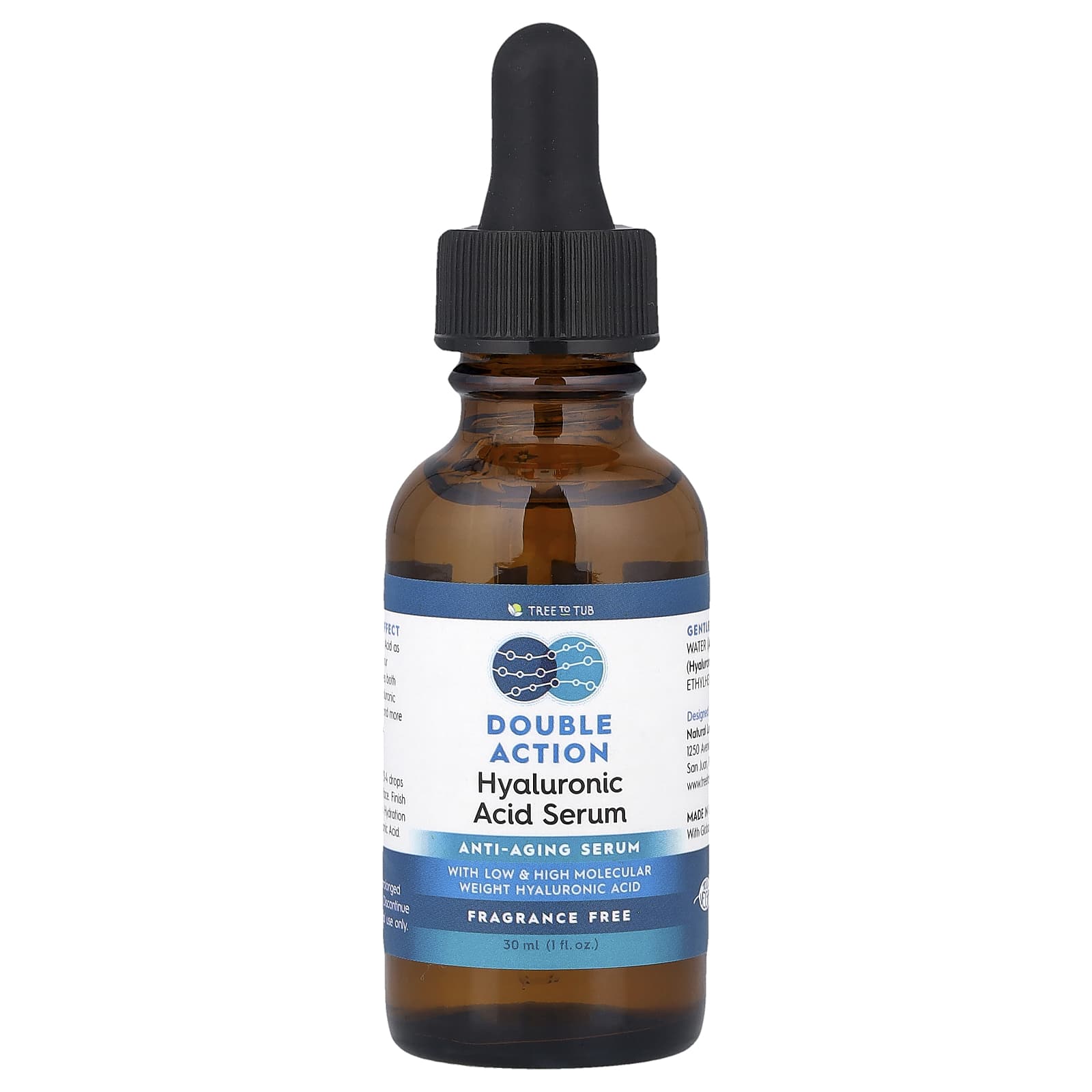 Tree To Tub, Double Action Hyaluronic Acid Serum, Fragrance Free, 1 fl oz (30 ml)