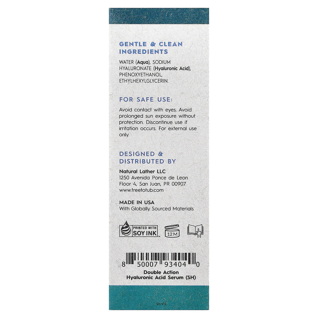 Tree To Tub, Double Action Hyaluronic Acid Serum, Fragrance Free, 1 fl oz (30 ml)