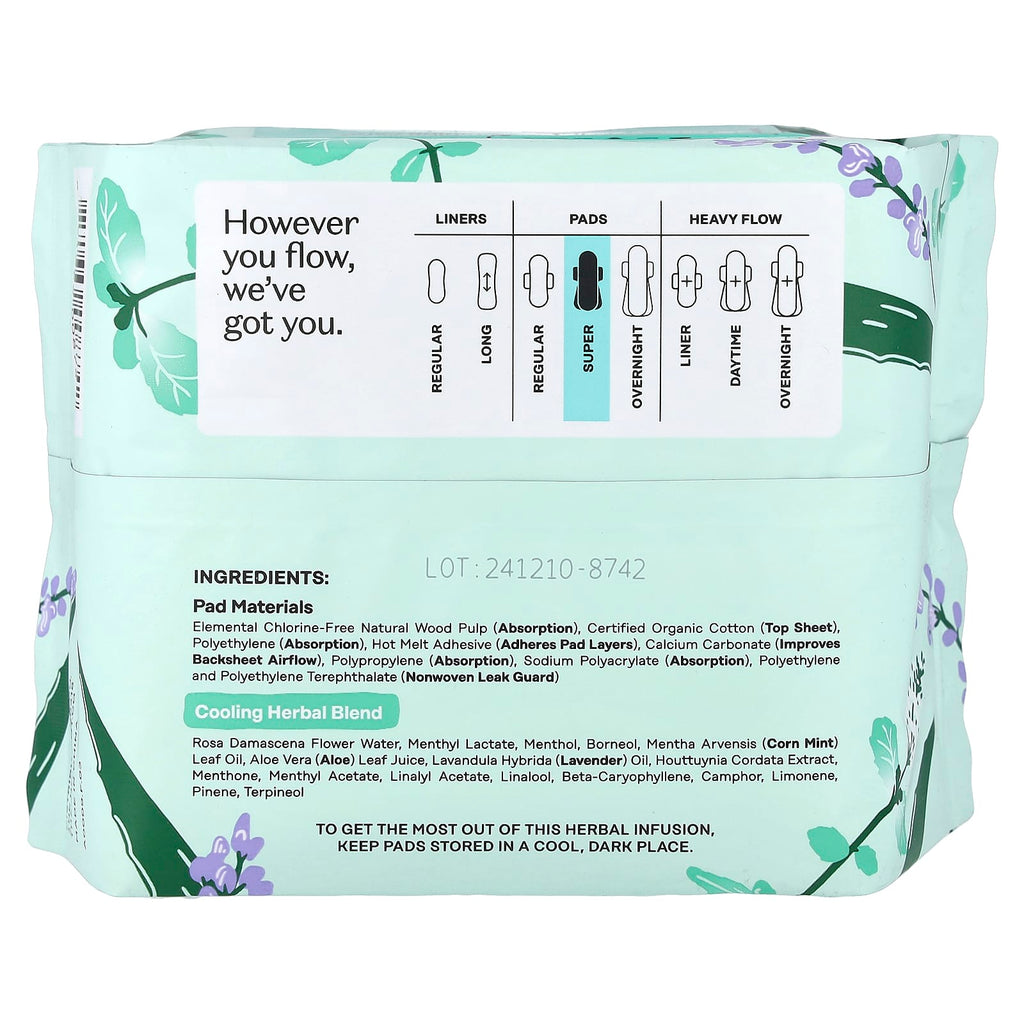 The Honey Pot Company, Organic Cooling Herbal Infusion, Pads with Wings, Super, 16 Count