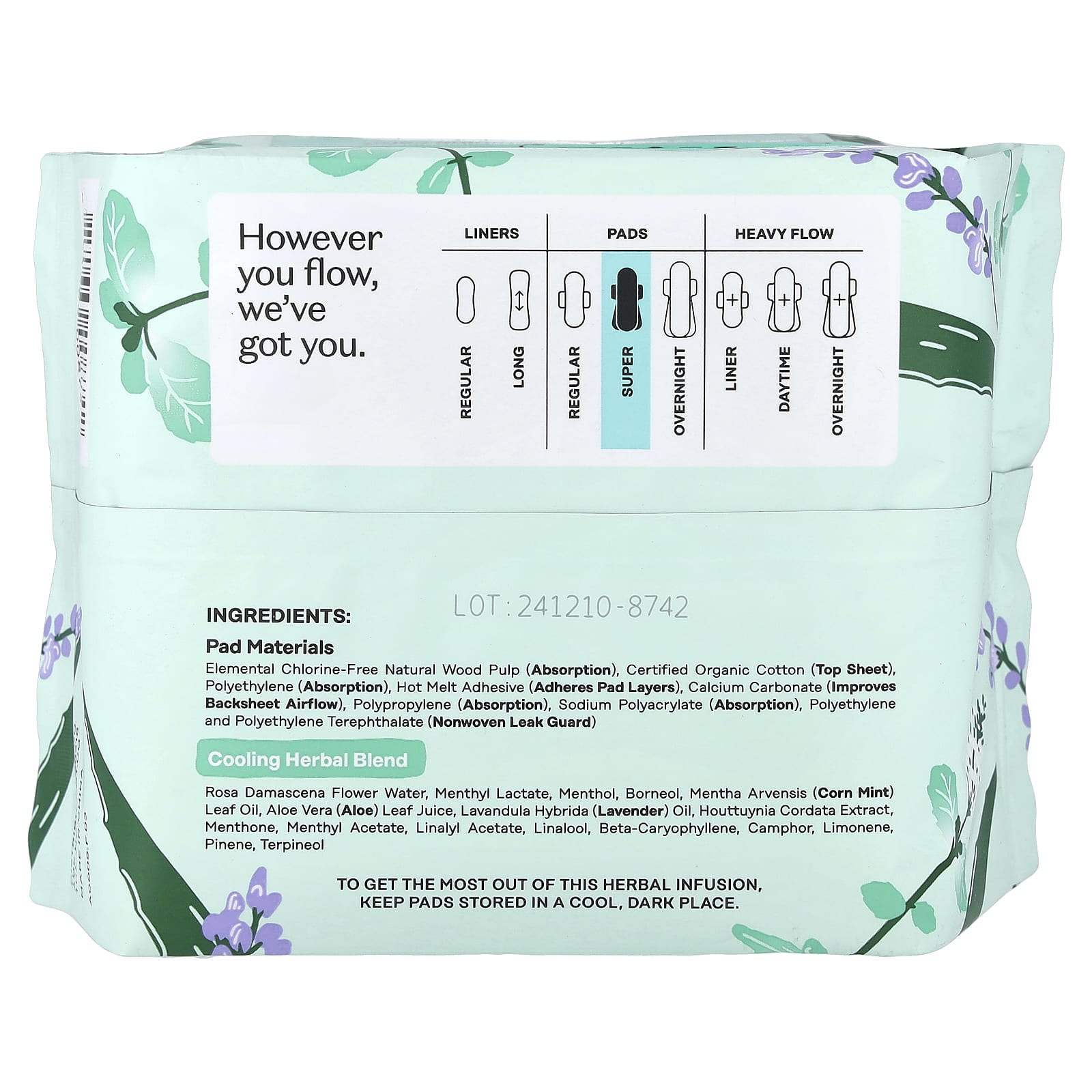 The Honey Pot Company, Organic Cooling Herbal Infusion, Pads with Wings, Super, 16 Count
