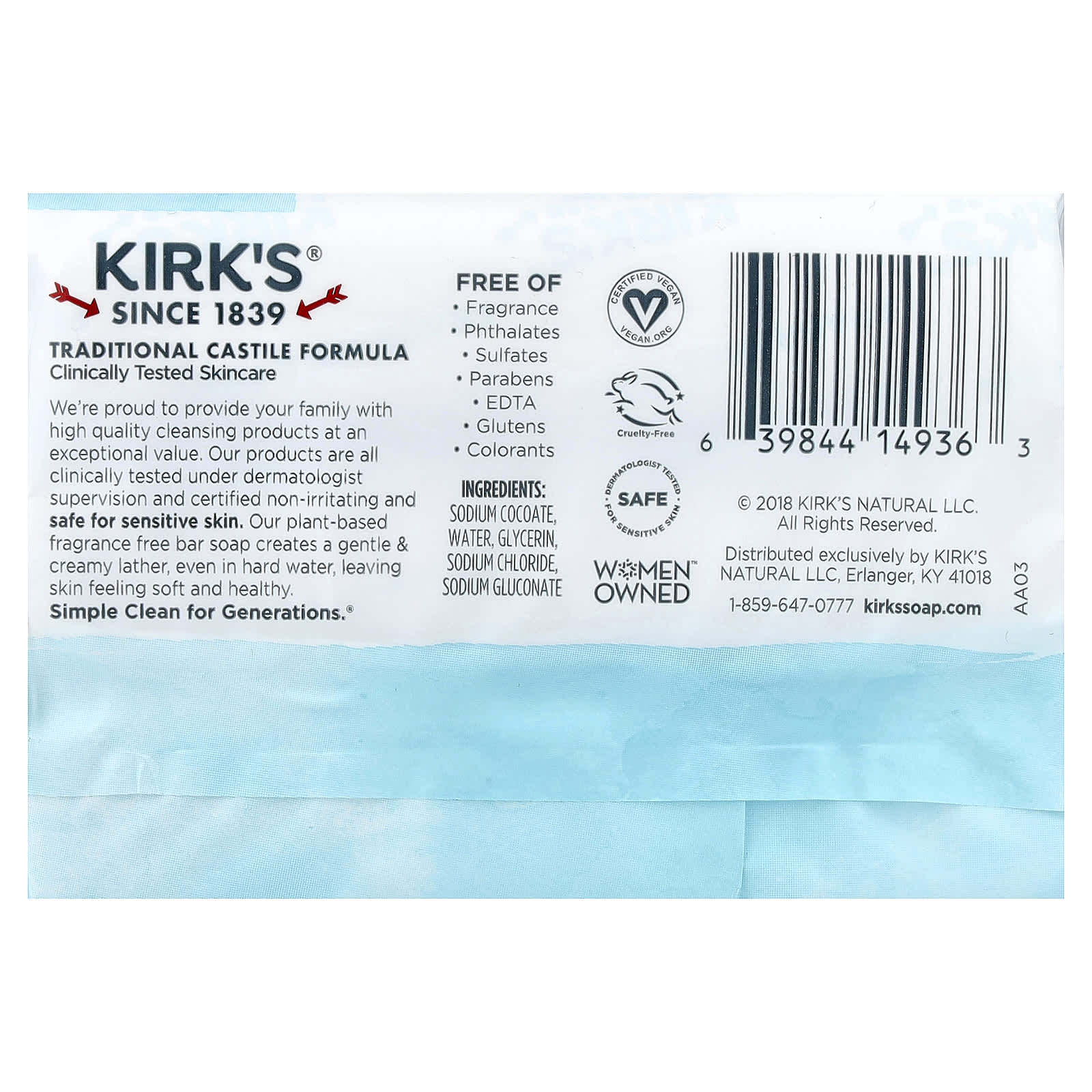 Kirk's, 100% Premium Coconut Oil Castile Bar Soap, Fragrance Free, 3 Bars, 4 oz (113 g) Each